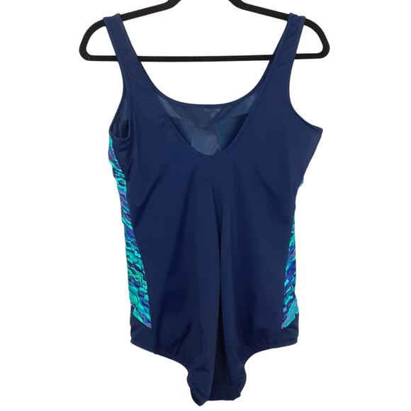 Lands End One Piece Swimsuit Womens 14 Tummy Control Navy Blue Teal Ombré Ripple - Picture 2 of 8